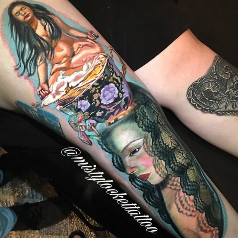 Color tattoo of woman with tea cup