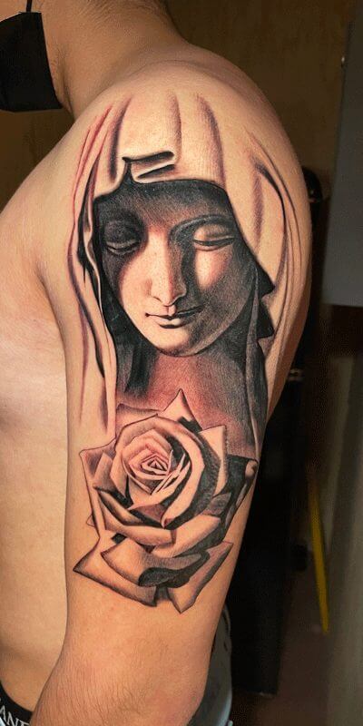 Black and grey tattoo madonna and rose