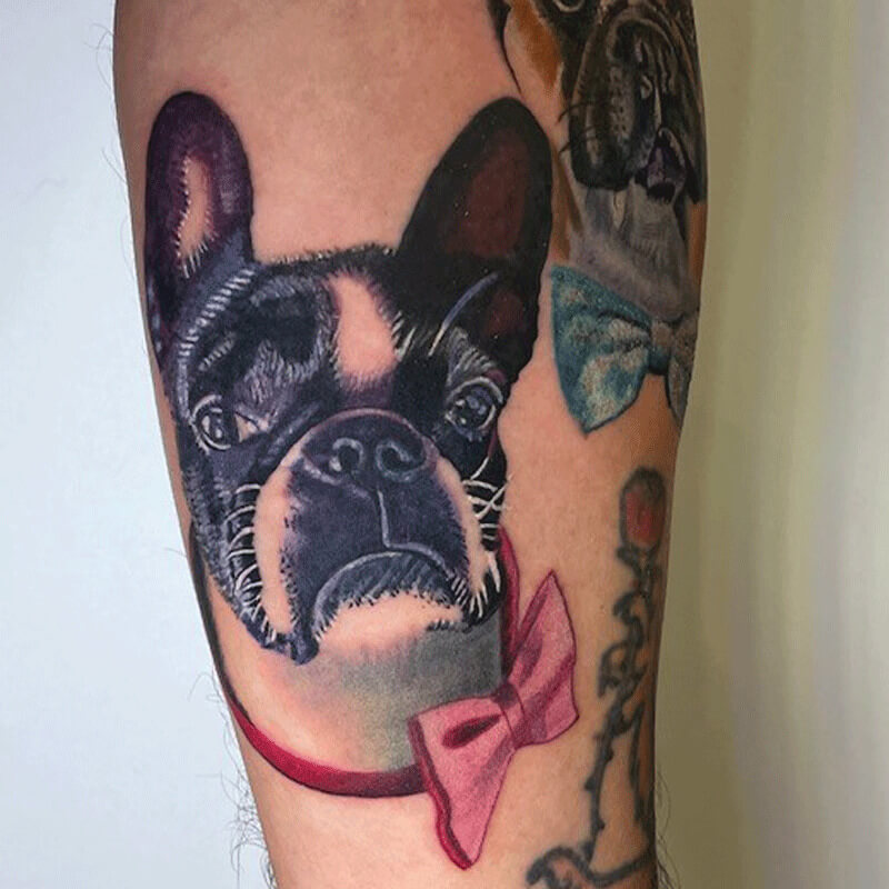 Color Dog with bowtie tattoo