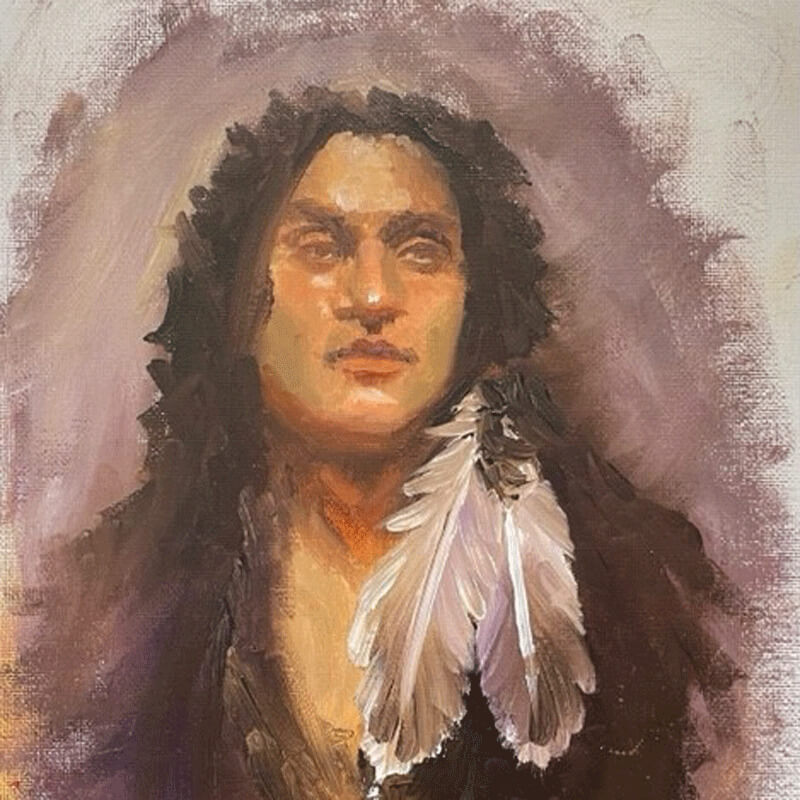 Portrait of Native American with feathers