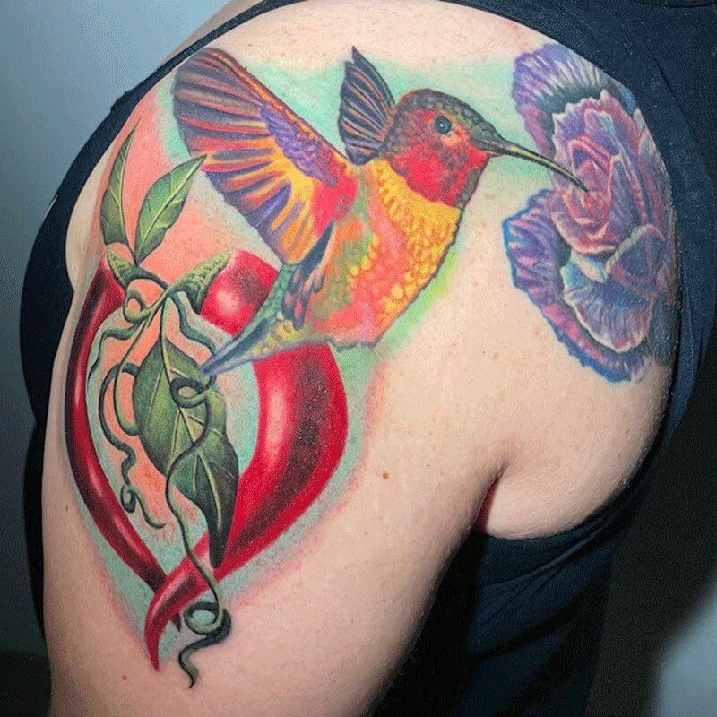 Color Humming bird and peppers tattoo