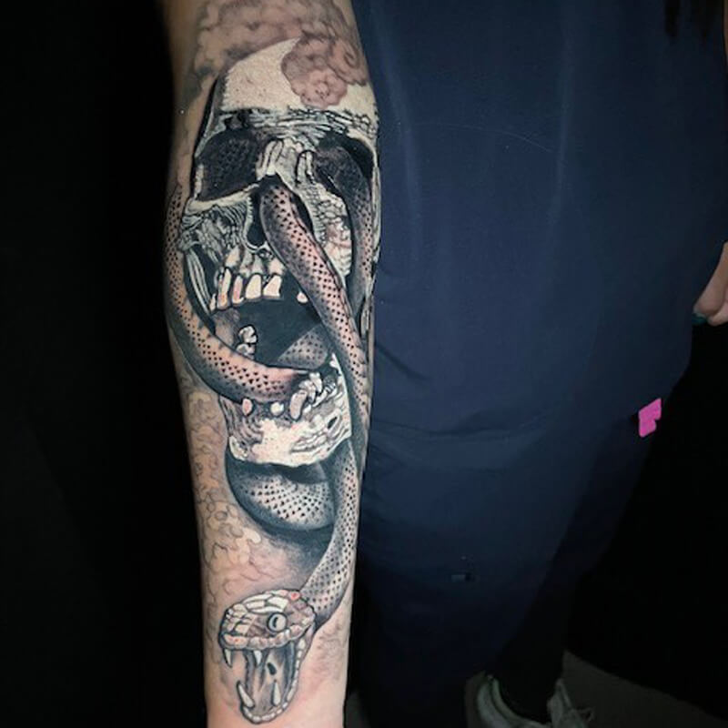 Snake and skull tattoo on arm